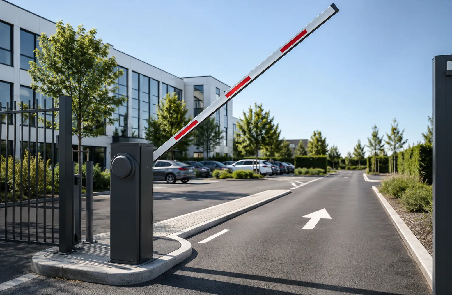 Barrière levante à lisse ouverte à l'entrée d'un parc d'entreprises