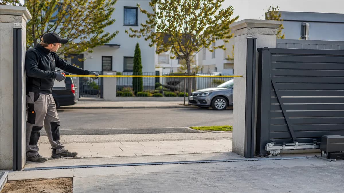 Technicien vérifiant l'alignement et le niveau d'un portail coulissant