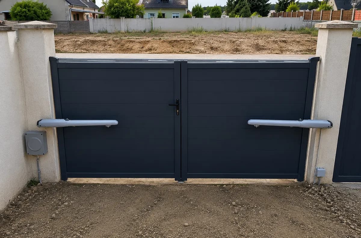Portail coulissant en aluminium gris anthracite thermolaqué devant une maison contemporaine