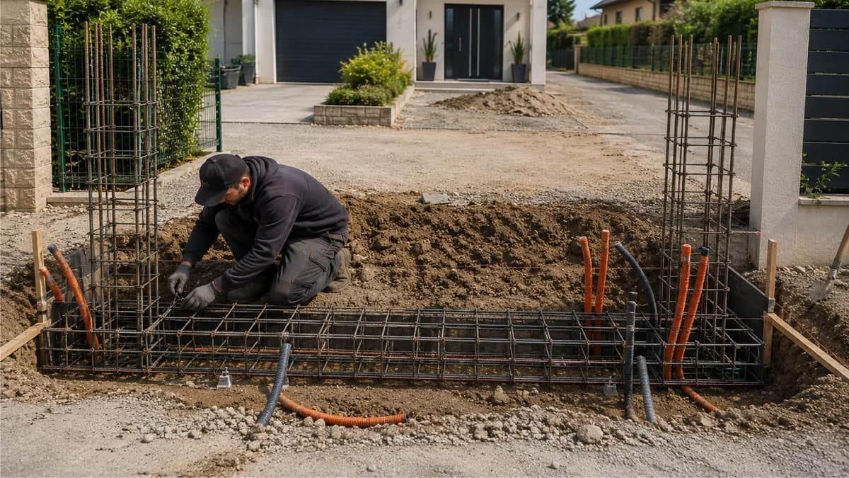 Gaines électriques positionnées dans la fondation avant coulage du béton