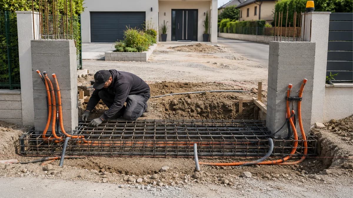Fondation de pilier de portail avec ferraillage et gaines techniques en place