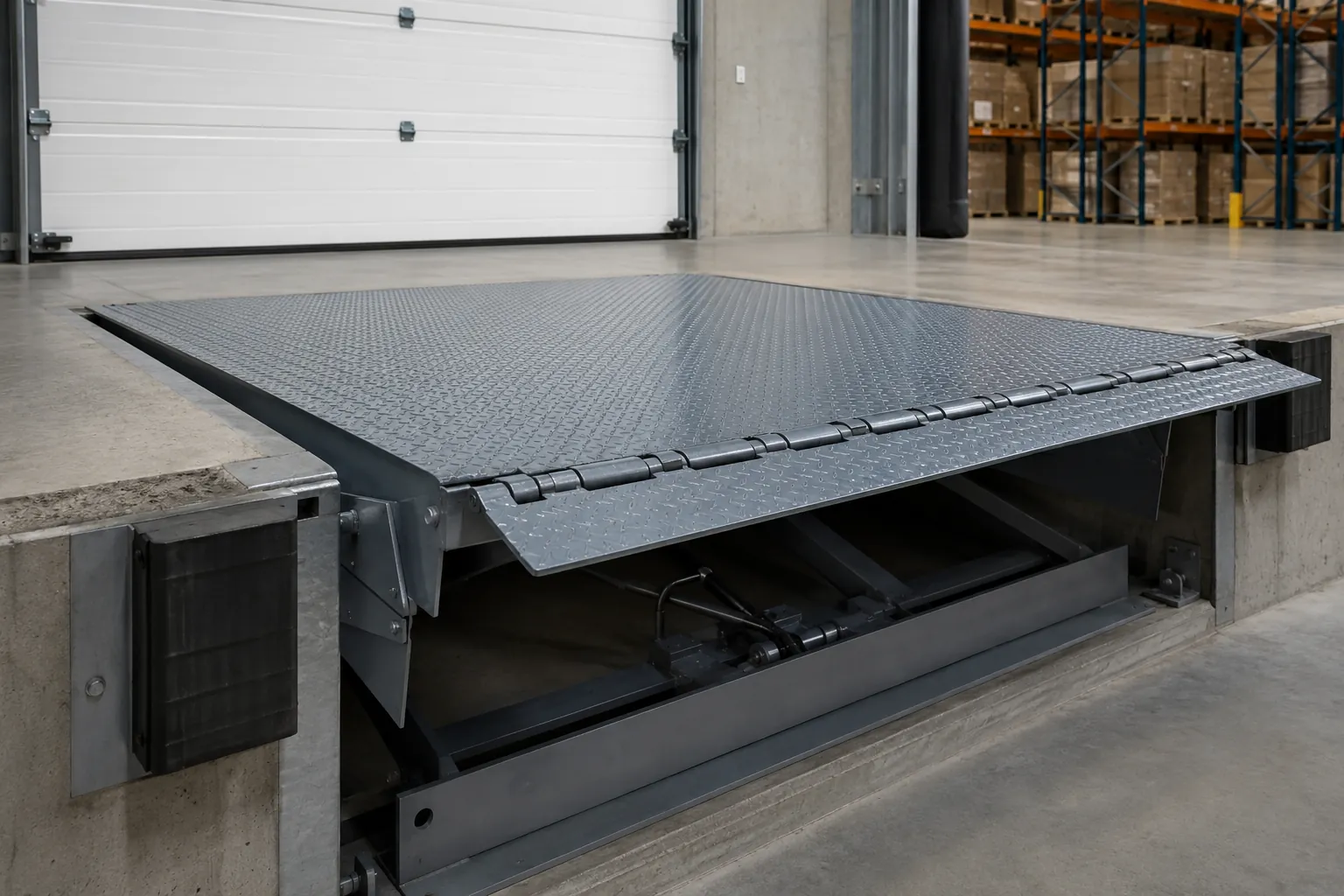 Niveleur de quai à lèvre avec plateforme relevée dans un entrepôt logistique
