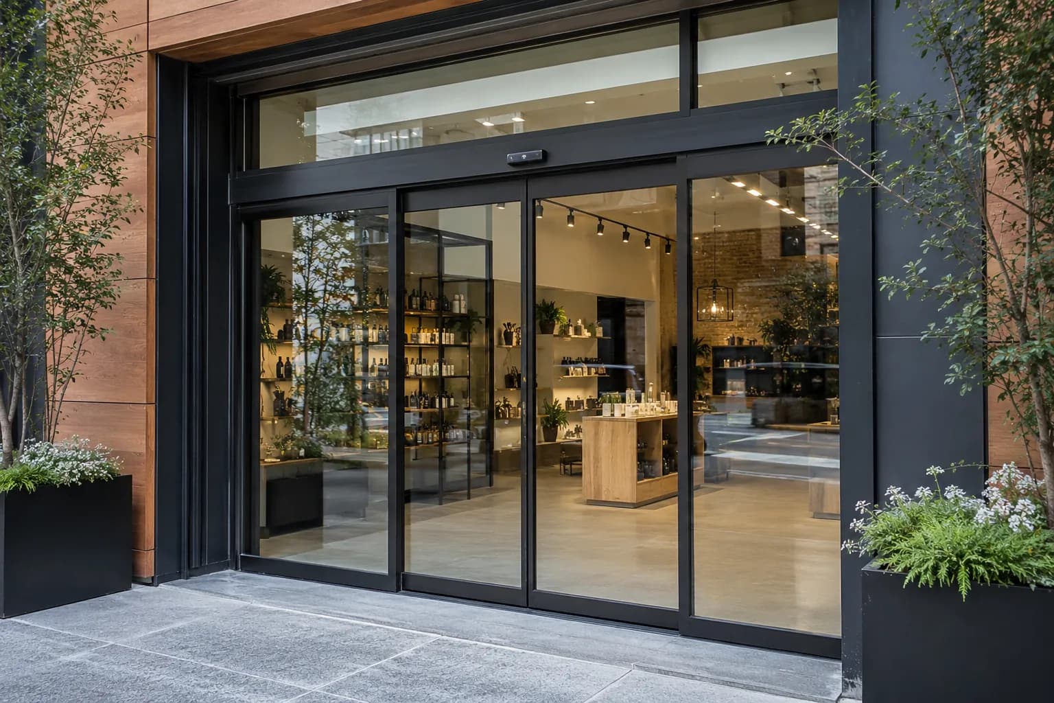 Porte coulissante automatique installée en façade de commerce