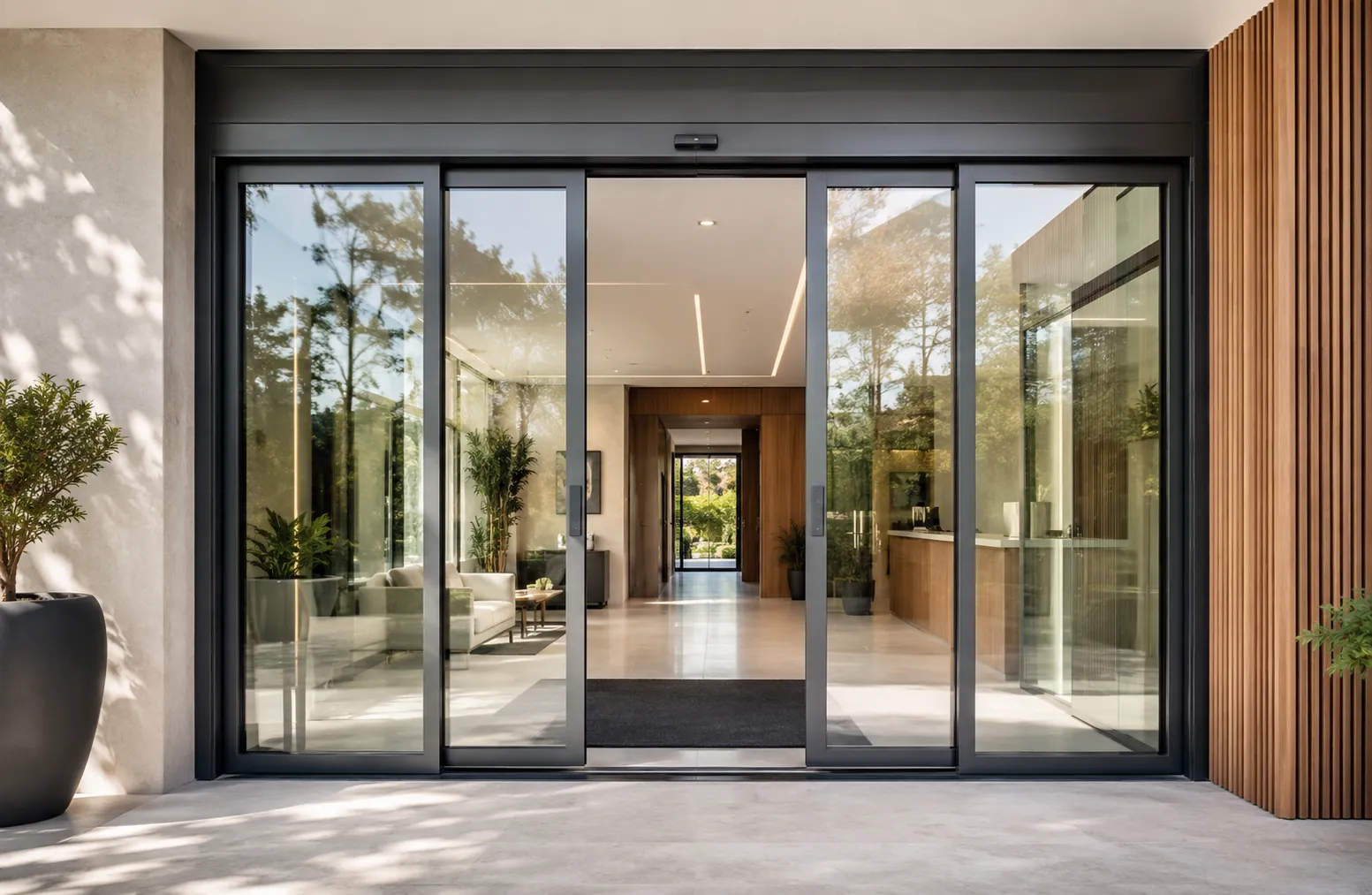 Porte automatique coulissante sur mesure — entrée vitrée résidentielle haut de gamme