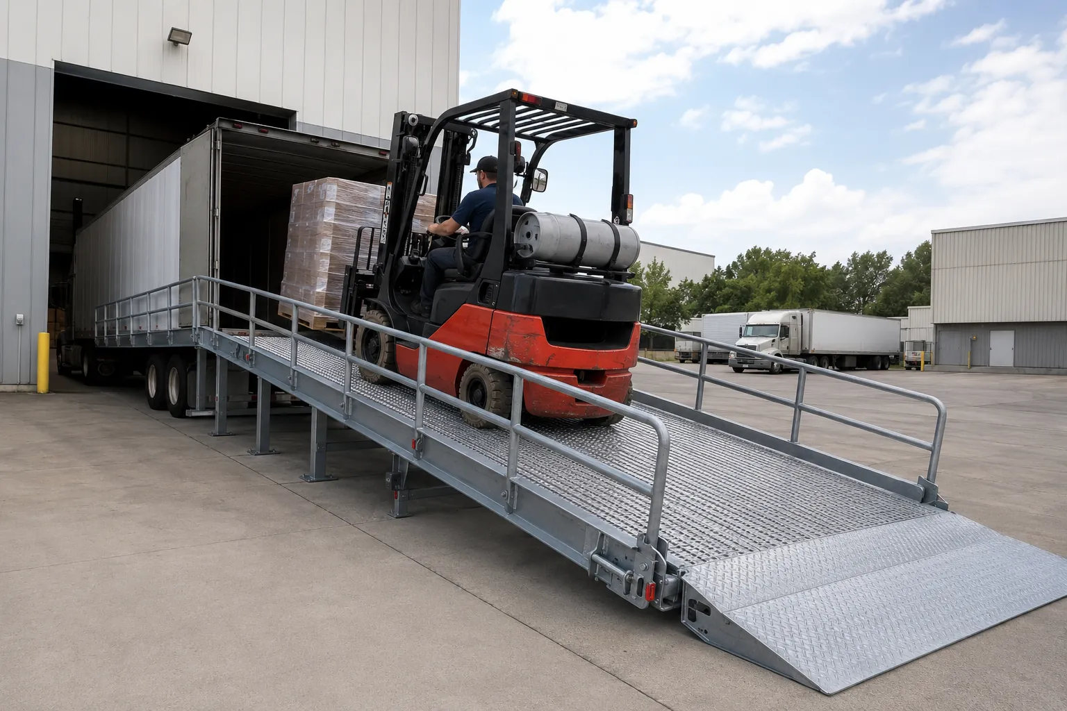 Rampe de chargement mobile avec chariot élévateur chargeant un camion