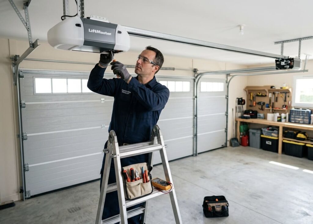 Moteur de porte de garage inspecté par un technicien