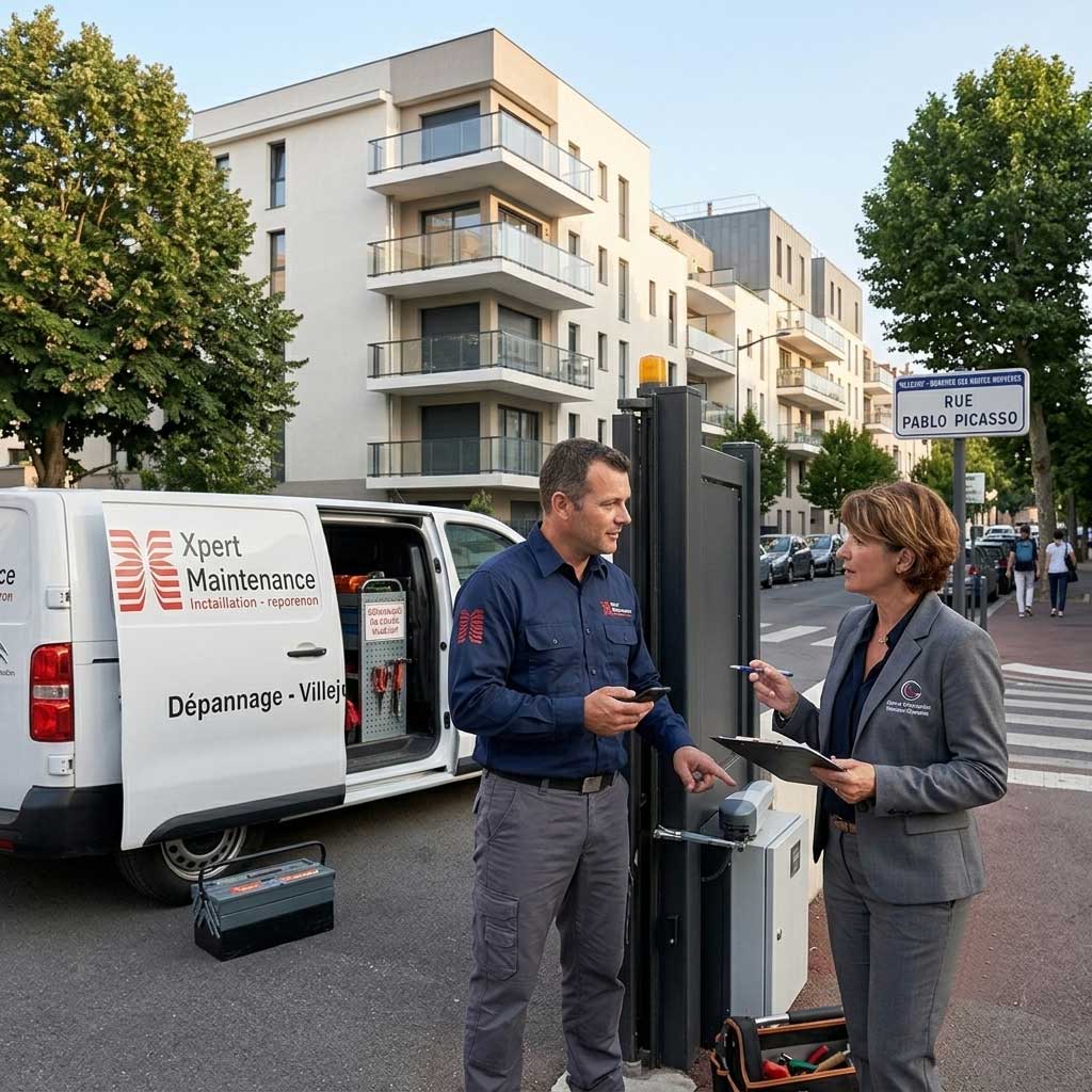 Technicien de Xpert Maintenance effectuant le dépannage d'un portail automatique dans une copropriété du quartier des Hautes-Bruyères à Villejuif, discussion avec le gestionnaire de résidence, photographie réaliste.