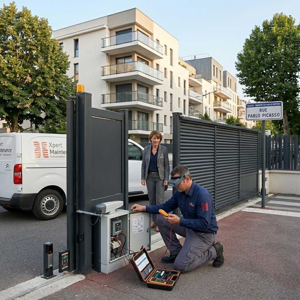 Contrôle et entretien d'un portail motorisé, vérification des cellules de sécurité, diagnostic électronique, environnement résidentiel moderne - Xpert Maintenance